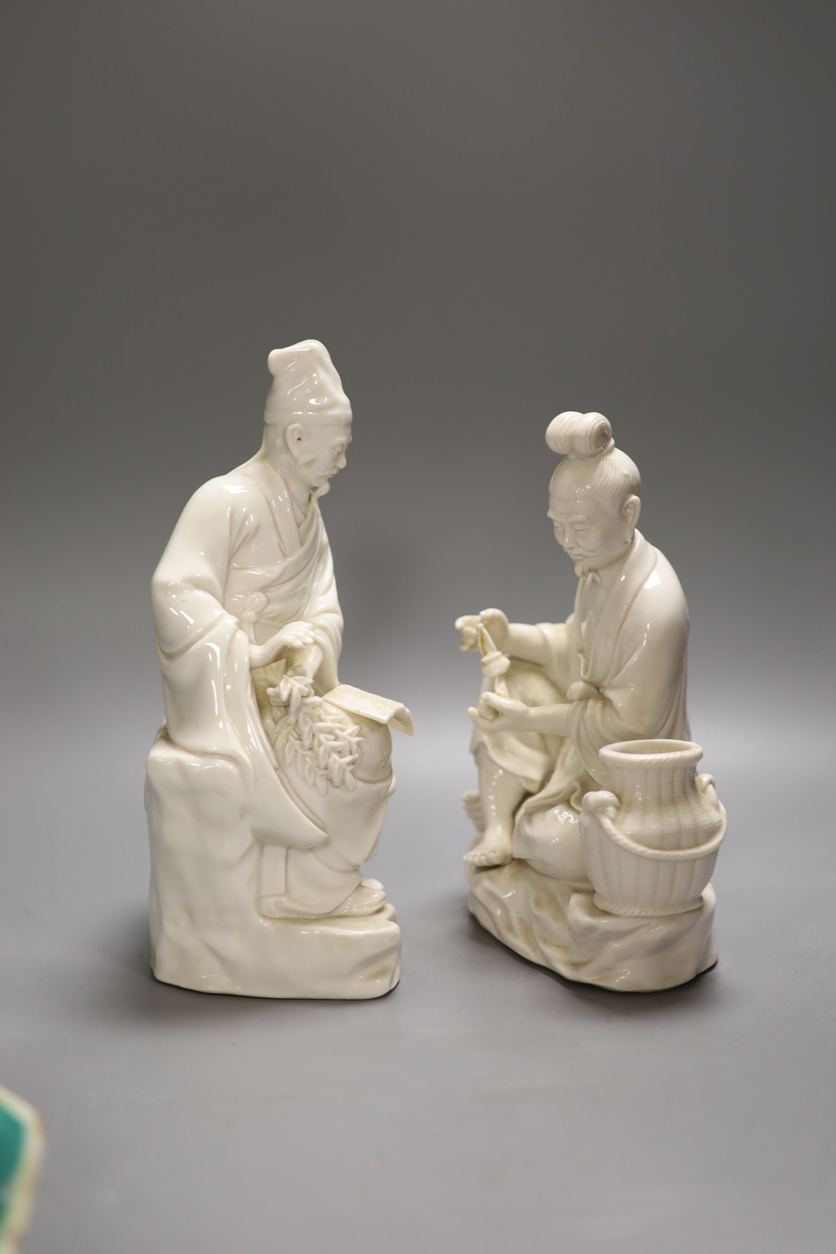 Two Chinese blanc de Chine figures, 26cm high and two other items